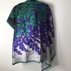 Talbots Green Purple White Leaf-Print Silk Scarf Wrap